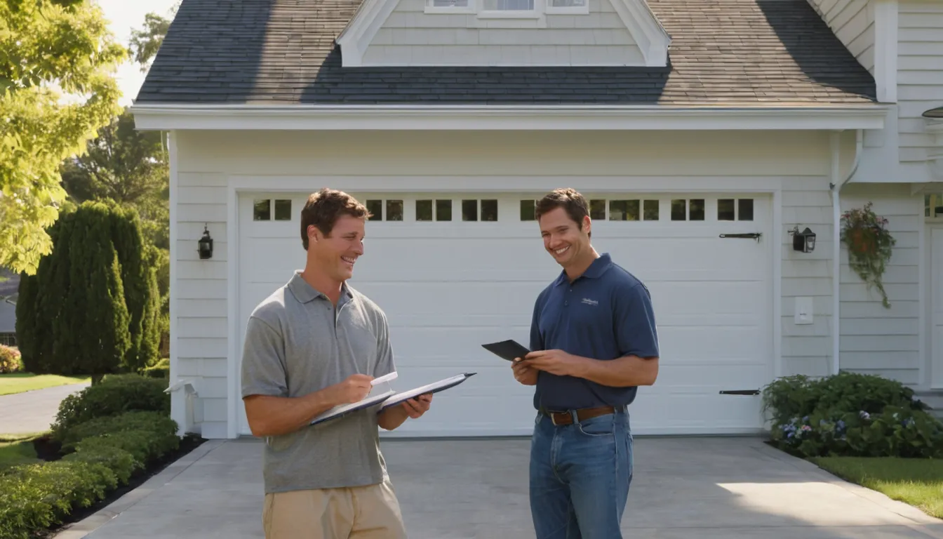 A friendly provider and a homeowner reviewing a new garage door at a house in Leesburg