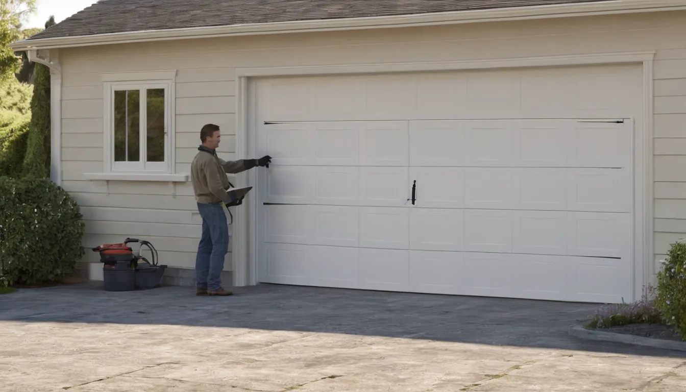 A friendly local provider checking a garage door spring with a homeowner in Leesburg